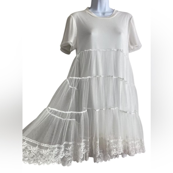 Alice & Olivia Off White Babydoll Dreema Tulle Tee Lace Tiered Mini Dress size L - Picture 2 of 15